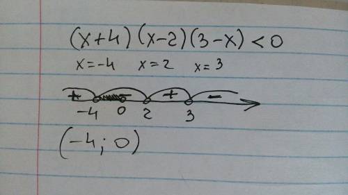 Решите методом интервалов (x+4)(x-2)(3-x)< 0