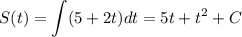 \displaystyle S(t)=\int (5+2t)dt=5t+t^2+C