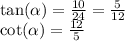 \tan( \alpha ) = \frac{10}{24} = \frac{5}{12} \\ \cot( \alpha ) = \frac{12}{5}