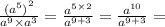 \frac{ { ({a}^{5})}^{2} }{ {a}^{9} \times {a}^{3}} = \frac{ {a}^{5 \times 2} }{ {a}^{9 + 3}} = \frac{ {a}^{10}}{ {a}^{9 + 3}} =