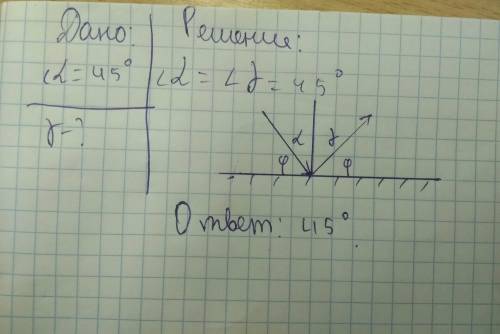 Угол падения луча плоское зеркало равен 45гр каков угол отражения сделайте чертеж дайте ответ вместе