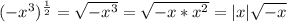 (-x^3)^{ \frac{1}{2} } = \sqrt{-x^3} = \sqrt{-x* x^{2} } = |x| \sqrt{-x}