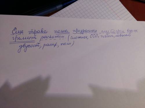 Синтаксический разбор предложения. ещё трава полна прозрачных слез, и гром вдали гремит раскатом