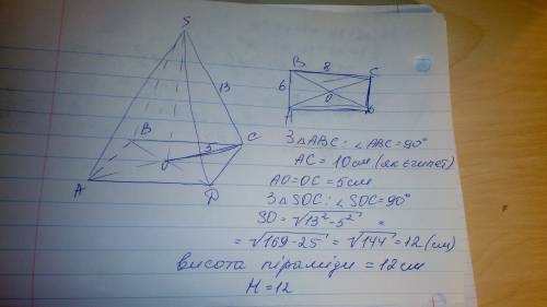 Оовую піраміди є прямокутник із сторонами 6 і 8 см кожне бічне ребро піраміди дорівнює 13 см визначи