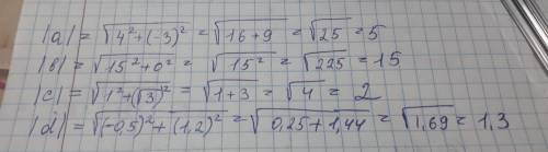 1) вычислите длину вектора а (4; -3), b (15; 0), c (1; √3), d (-0,5; 1,2)​