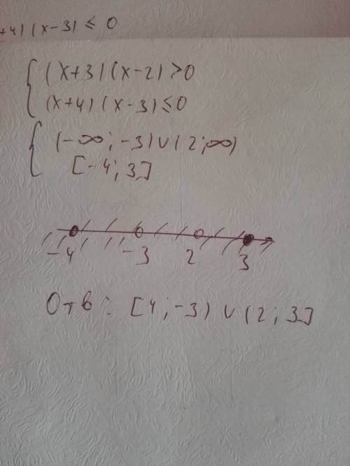 (x+3)(x-2)> 0 (x+4)(x-3)меньше или равно 0 решите систему неравенств скорее