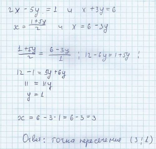 Определите в какой точке пересекаются прямые 2x-5y=1 и x+3y=6