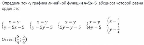 Определи точку графика линейной функции y=5x−5, абсцисса которой равна ординате.