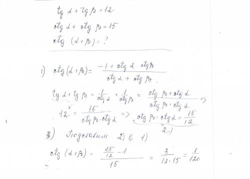 Tga+tgb=12 ctga+ctgb=15. найти ctg(a+b)=?