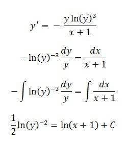 Срешением дифференциального уравнения: y'= - (y*ln^3*y/(x+1)) заранее за !