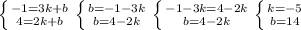 \left \{ {{-1=3k+b} \atop {4=2k+b}} \right. \left \{ {{b=-1-3k} \atop {b=4-2k}} \right. \left \{ {{-1-3k=4-2k} \atop {b=4-2k}} \right. \left \{ {{k=-5} \atop {b=14}} \right.