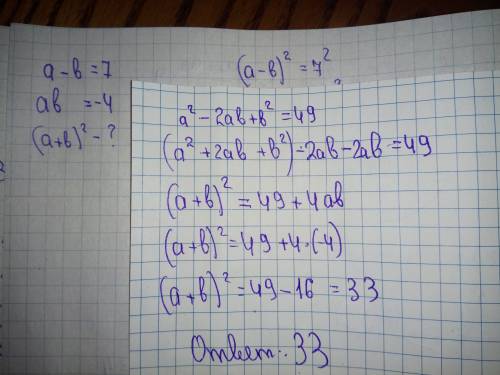 Известно что а - b = 7, ab = -4. найдите значение уравнения ( а + b ) ²( желательно с объяснениями!