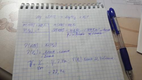 Какой объём водорода выделится при взаимодействия магния с роствором, содержащим 109,5г. соляной кис