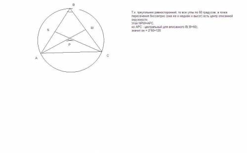Вравностороннем треугольнике abc биссектрисы cn и am в точке p найти mpn