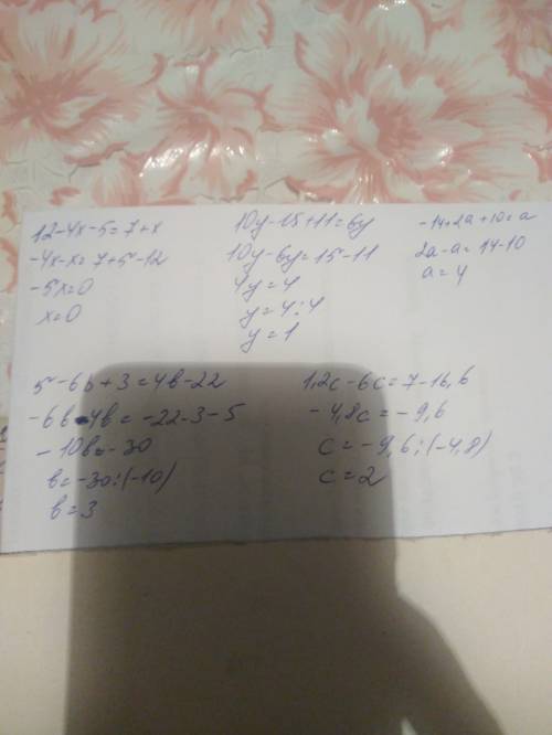 12-(4x+5)=7+x 5(2y-3)+11=6y -2(7-a)+10=f 5-3(2b-1)=4b-22 1,2c-7=6c-16,6