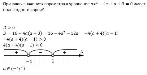 При каких a уравнение ax^2-4x+a+3=0 имеет более одного корня.