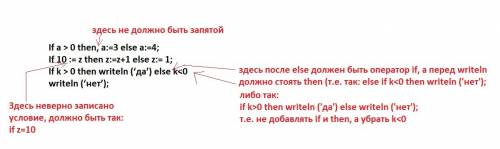 4. переписать оператор условия, исправив ошибки, если они есть: if a > 0 then, a: =3 else a: =4;