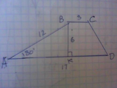 Основания трапеции 17 и 3 боковая сторона 12 а острый угол 30 градусов найдите ее площадь