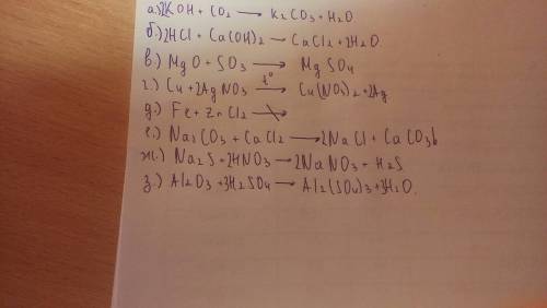 Закончите уравнение возможных реакций а) koh+co2 = б)hci+ca(oh)2 = в)mgo+so3 = г)cu+agno3 = д)fe+znc