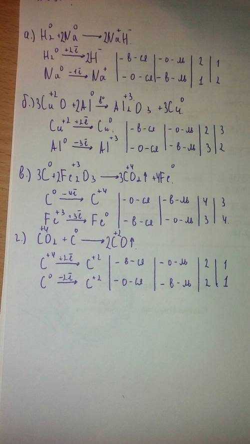 Составьте уравнения реакций методом электронного а)h2+na--> nah б)cuo+ai--> cu+ai2o3 в)c+fe2o3