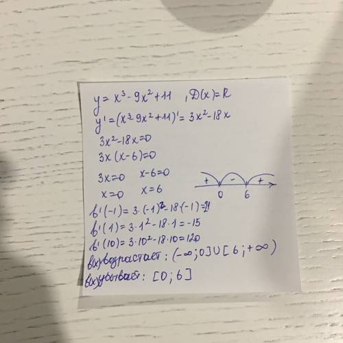 Найдите промежутки возрастания и убывания функции y=x^3-9x^2+11