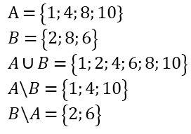 А={1,4,8,10} b={2,8,6} аub=? a\b=? в\а=? !