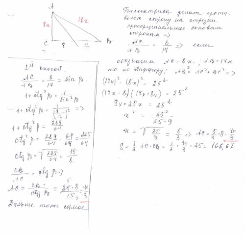 Биссектриса острого угла прямоугольного треугольника делит катет на отрезки длиной 8 см и 17 см.найд