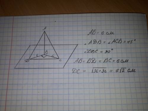 ﻿із точки віддаленої від площини на 6 см проведено дві похилі під кутом 45 до цієї площини. знайдіть