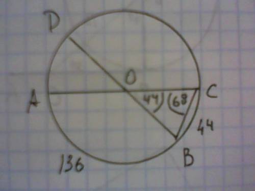 Вокружности с центром в точке o отрезки ac и bd- диаметры. угол равен 44 градуса . найдите угол acb.