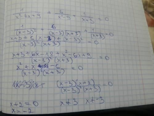 Решите, , уравнение 1/x²-6x+9 + 6/x²-9 + 1/x+3 = 0 1,6,1 - числители, с х - знаменатели