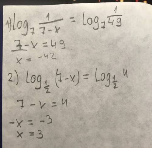 Нужно решение. ) 1)log1/7 (7-х) = - 2 2)log1/2 (7-х) = - 2