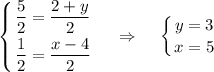 \displaystyle \left \{ {{\dfrac{5}{2}=\dfrac{2+y}{2}} \atop {\dfrac{1}{2}=\dfrac{x-4}{2}}} \right.~~~\Rightarrow~~~\left \{ {{y=3} \atop {x=5}} \right.