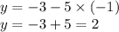 y = - 3 - 5 \times ( - 1) \\ y = - 3 + 5 = 2