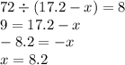 72 \div (17.2 - x) = 8 \\ 9 = 17.2 - x \\ - 8.2 = - x \\ x = 8.2