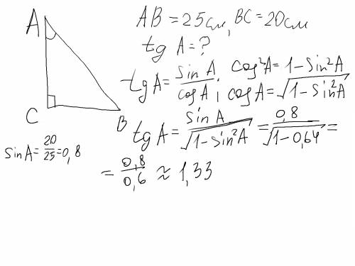 Втреугольнике авс известно, что углом с=90°, ав=25см, вс=20см. найдите tga