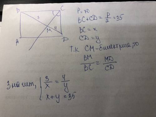 Впрямоугольнике, периметр которого равен 70 см, с вершины угла проведено биссектрису, которая раздел