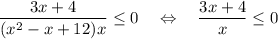 \dfrac{3x+4}{(x^2-x+12)x} \leq 0~~~\Leftrightarrow~~~ \dfrac{3x+4}{x} \leq 0