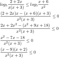 \displaystyle log_5 \frac{2+2x}{x(x+3)} \leq log_5 \frac{x+6}{x^2}\\\\ \frac{(2+2x)x-(x+6)(x+3)}{x^2(x+3)} \leq 0\\\\ \frac{2x+2x^2-(x^2+9x+18)}{x^2(x+3)} \leq 0\\\\ \frac{x^2-7x-18}{x^2(x+3)} \leq 0\\\\ \frac{(x-9)(x+2)}{x^2(x+3)} \leq 0