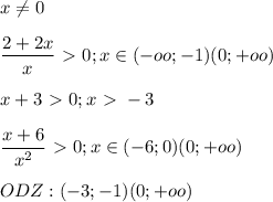 \displaystyle x \neq 0\\\\ \frac{2+2x}{x}\ \textgreater \ 0; x \in (-oo;-1)(0;+oo)\\\\ x+3\ \textgreater \ 0; x\ \textgreater \ -3\\\\ \frac{x+6}{x^2}\ \textgreater \ 0; x\in (-6;0)(0;+oo)\\\\ODZ: (-3;-1)(0;+oo)