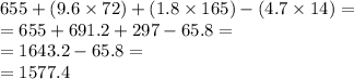 655 + (9.6 \times 72) + (1.8 \times 165) - (4.7 \times 14) = \\ = 655 + 691.2 + 297 - 65.8 = \\ = 1643.2 - 65.8 = \\ = 1577.4