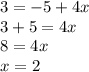 3=-5+4x \\ 3+5=4x \\ 8=4x \\ x = 2