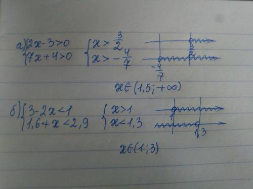 Решите систему неравенств: a) {2x-3 > 0 {7x+4 > 0 b){3 - 2x < 1 {1,6+x < 2,9