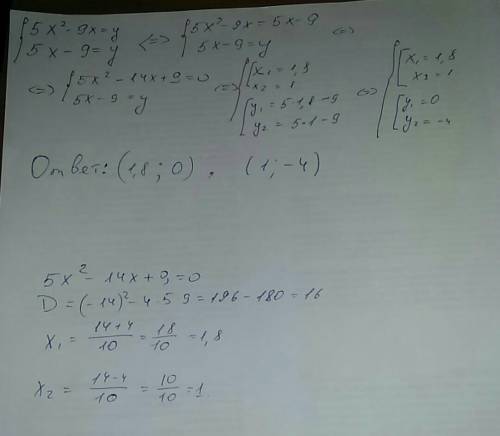 Решите систему уравнений 5x^2-9x=y 5x-9=y