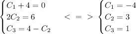 \begin {cases} C_1+4=0 \\ 2C_2=6 \\ C_3=4-C_2 \end {cases} \ \textless \ =\ \textgreater \ \begin {cases} C_1=-4 \\ C_2=3 \\ C_3=1 \end {cases} \