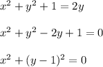 x^2+y^2+1=2y\\ \\ x^2+y^2-2y+1=0\\ \\ x^2+(y-1)^2=0