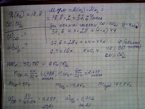 Густина за воднем суміші co і co2 дорівнюе 18,8. обчисліть масові частки газів у складі суміші.