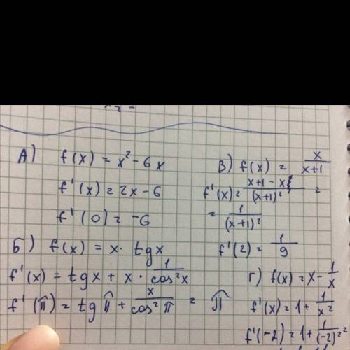 Найдите значения производной функции y=f (x) в заданных точках: а)f (x)=x^2-6x; x=0 б))f (x)=x×thx;