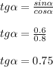 tg \alpha = \frac{sin \alpha }{cos \alpha } \\ \\ tg \alpha = \frac{0.6}{0.8} \\ \\ tg \alpha = 0.75