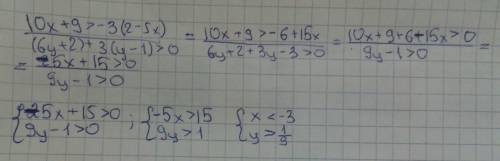 10x+9> -3(2-5x) в знаменателе-(6y+2)+3(y-1)> 0