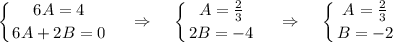 \displaystyle \left \{ {{6A=4} \atop {6A+2B=0}} \right. ~~~\Rightarrow~~~ \left \{ {{A= \frac{2}{3} } \atop {2B=-4}} \right. ~~~\Rightarrow~~~ \left \{ {{A= \frac{2}{3} } \atop {B=-2 }} \right.